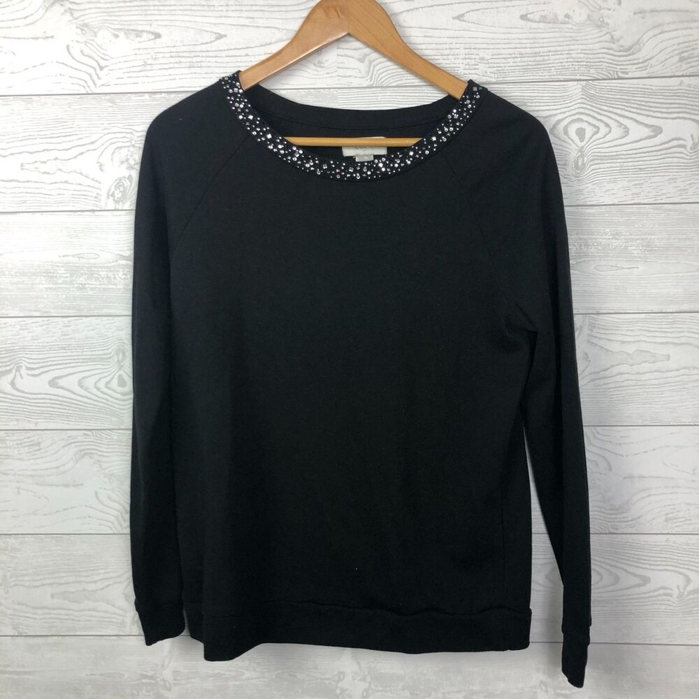 Ann Taylor LOFT Womens Medium Long Sleeve Pullover Sweater Beaded Neckline Black